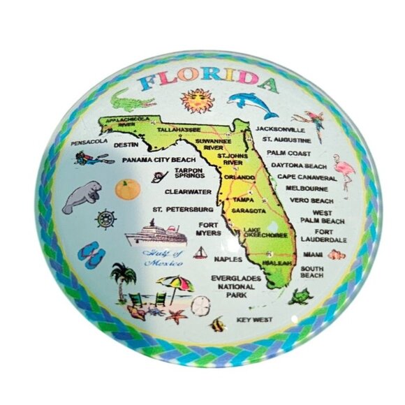 Florida State Blue Green Map Souvenir Fridge Magnet Circular Convex 2" Round - Picture 1 of 3